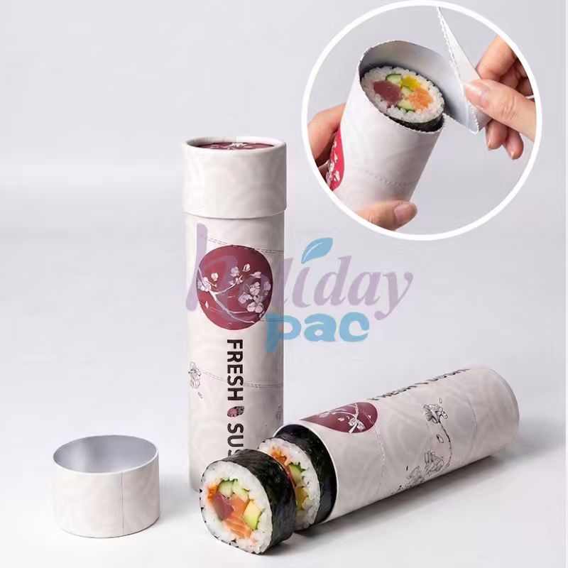Holidaypac sushi push pop tube peel-open packaging revealing sushi roll