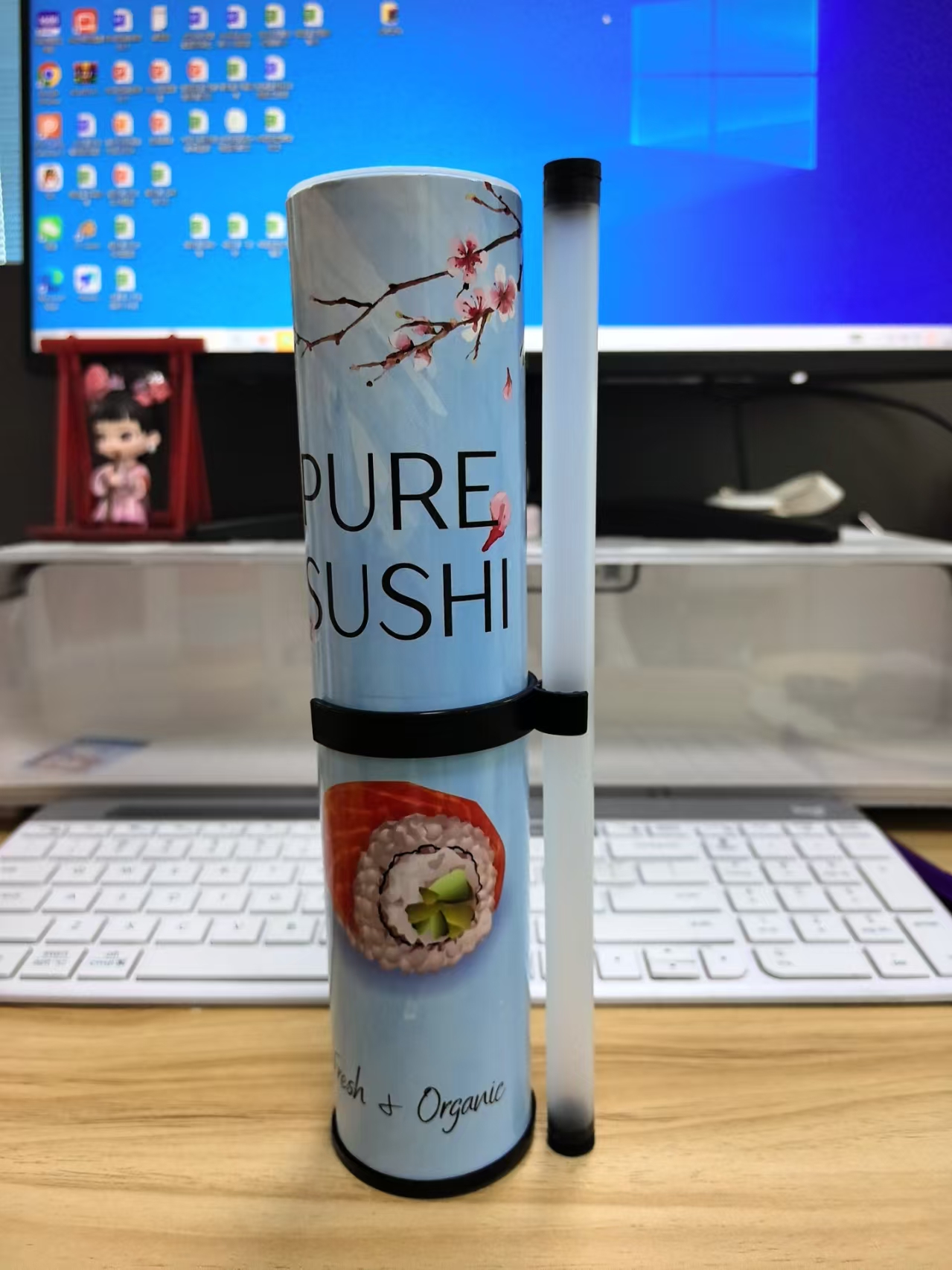 Sushi Packaging: Custom Printed Push Pop Tube Design Guide 4 Light blue PURE SUSHI tube with side sauce tube and black retaining clip